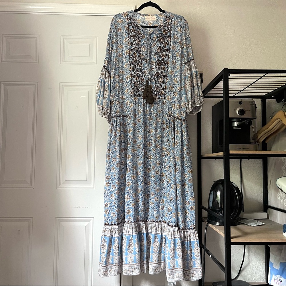 MISS JUNE PARIS blue floral long puff sleeve boho maxi‎ dress summer sun
